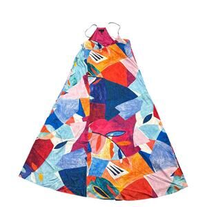 Tahari ASL Abstract Print Halter Maxi Dress Colorful Summer Size M